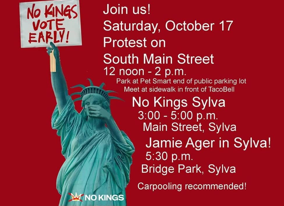 Protest flyer with Statue of Liberty holding a sign for early voting in Haywood.