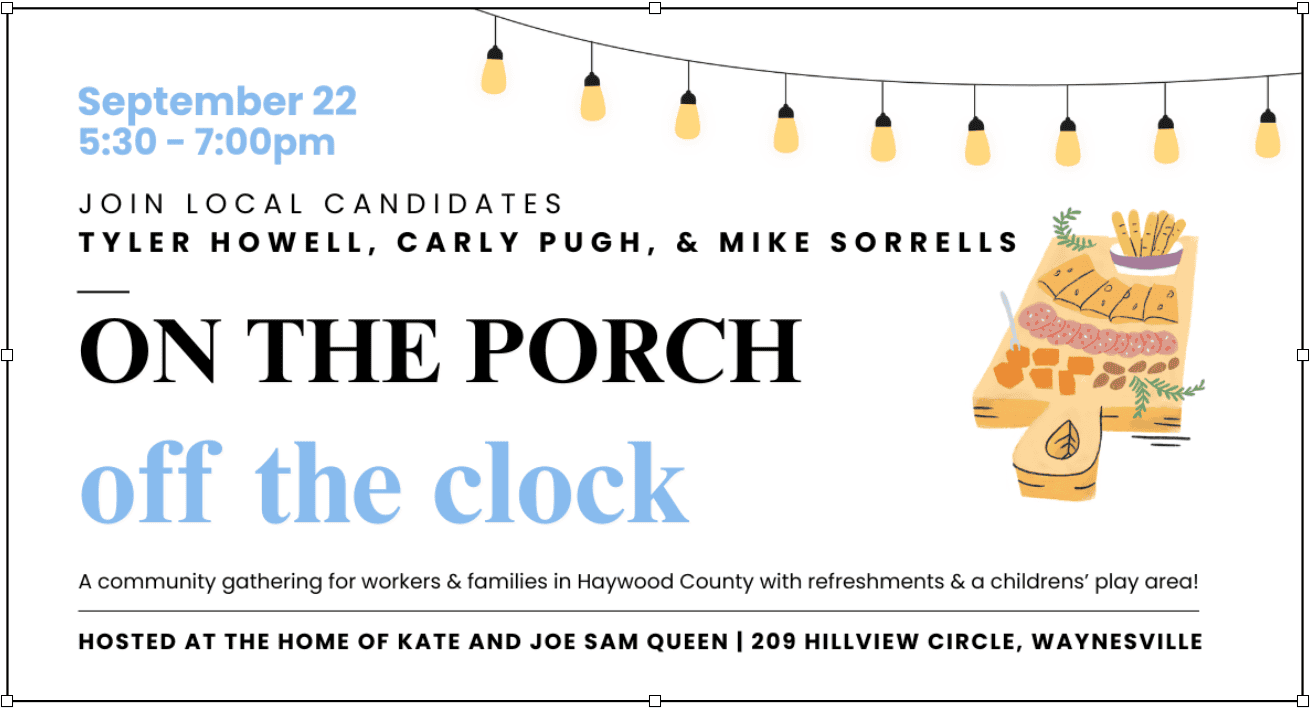 Community event on porch with string lights, food, and local candidates.