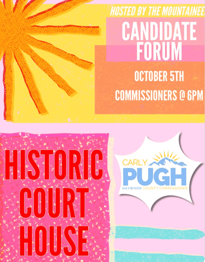 Event poster for Haywood County Candidate Forum at Historic Courthouse with bright colors.